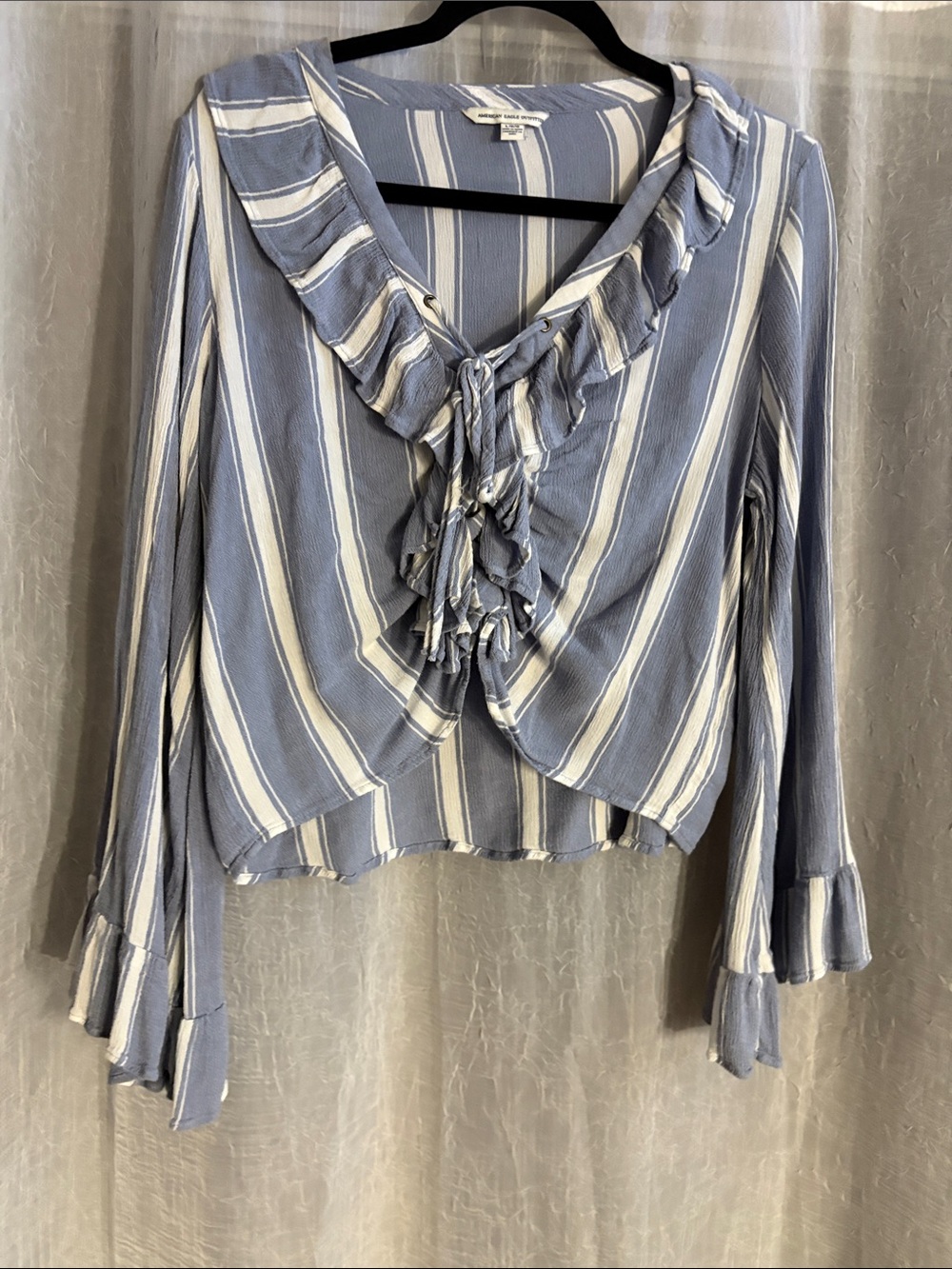 Ruffled V-Neck Tie-Front Blouse in Light Blue Stripe